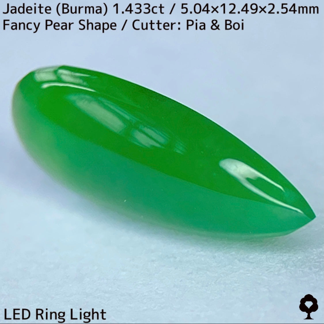 翡翠1.433ct★明るい美グリーンのマスターストーンはGTJならではのさりげなく輪郭が縁取られたツヤツヤファンシーペアシェイプ