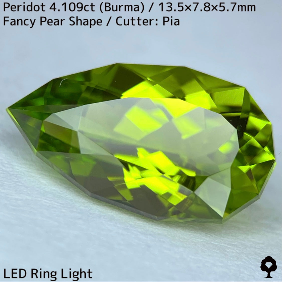 ビルマ産で4ctアップの希少な美結晶ファンシーペアシェイプ★ペリドット4.109ct