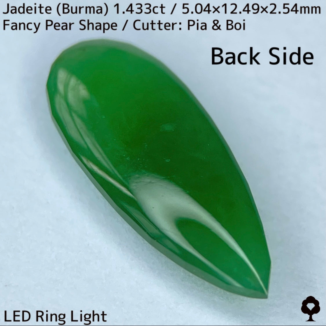 翡翠1.433ct★明るい美グリーンのマスターストーンはGTJならではのさりげなく輪郭が縁取られたツヤツヤファンシーペアシェイプ