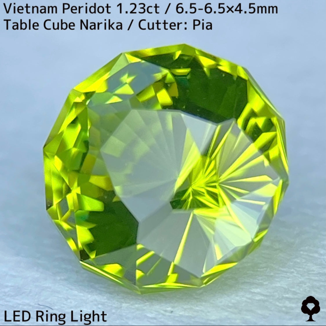 ベトナム産ペリドット1.23ct★煌めき抜群の美結晶をGTJの王道と言えるテーブルキューブナリカーに仕上げた一石