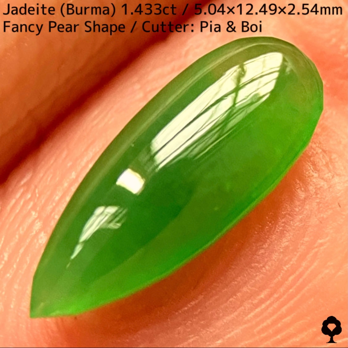 翡翠1.433ct★明るい美グリーンのマスターストーンはGTJならではのさりげなく輪郭が縁取られたツヤツヤファンシーペアシェイプ