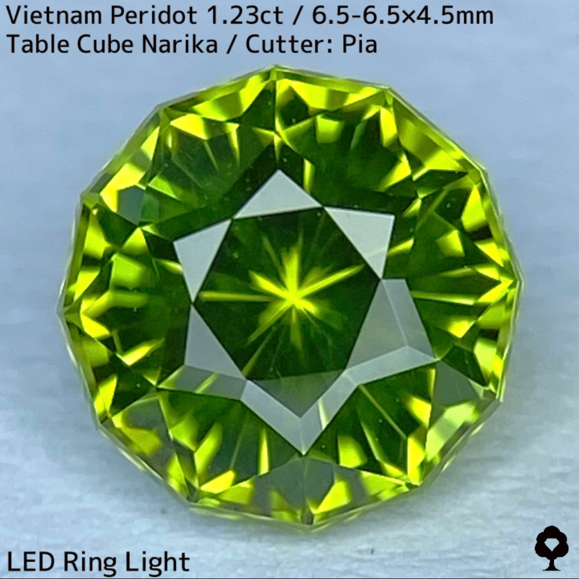 ベトナム産ペリドット1.23ct★煌めき抜群の美結晶をGTJの王道と言えるテーブルキューブナリカーに仕上げた一石