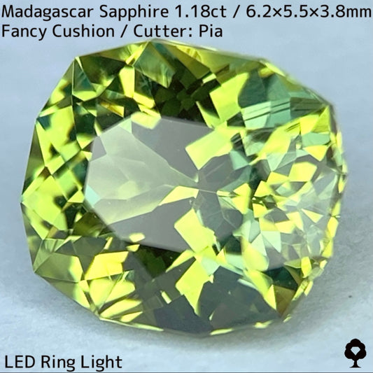 マダガスカル産サファイア1.18ct★パーティ感あるグリーンの華やかな煌めき美しいファンシークッション