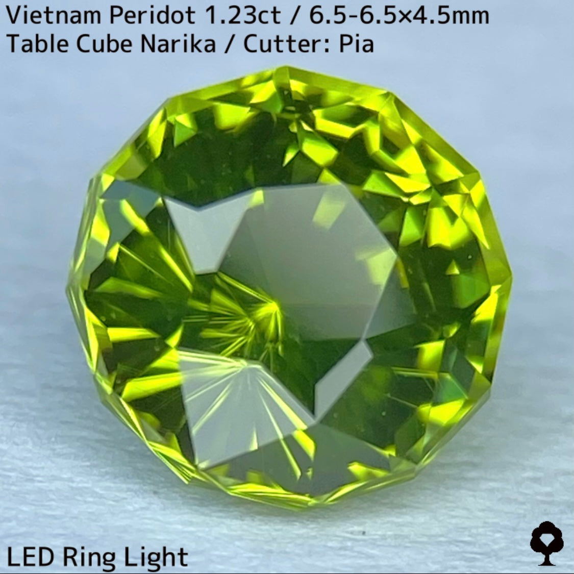 ベトナム産ペリドット1.23ct★煌めき抜群の美結晶をGTJの王道と言えるテーブルキューブナリカーに仕上げた一石