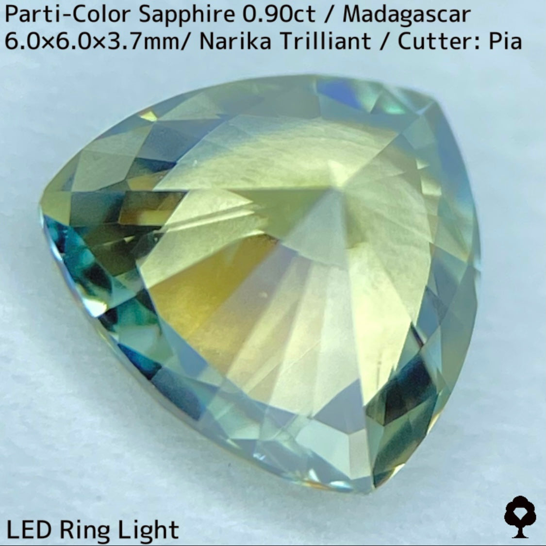 マダガスカル産パーティカラーサファイア0.90ct★ライトイエローとブルーとシルクの混ざり合いが可愛いナリカートリリアント