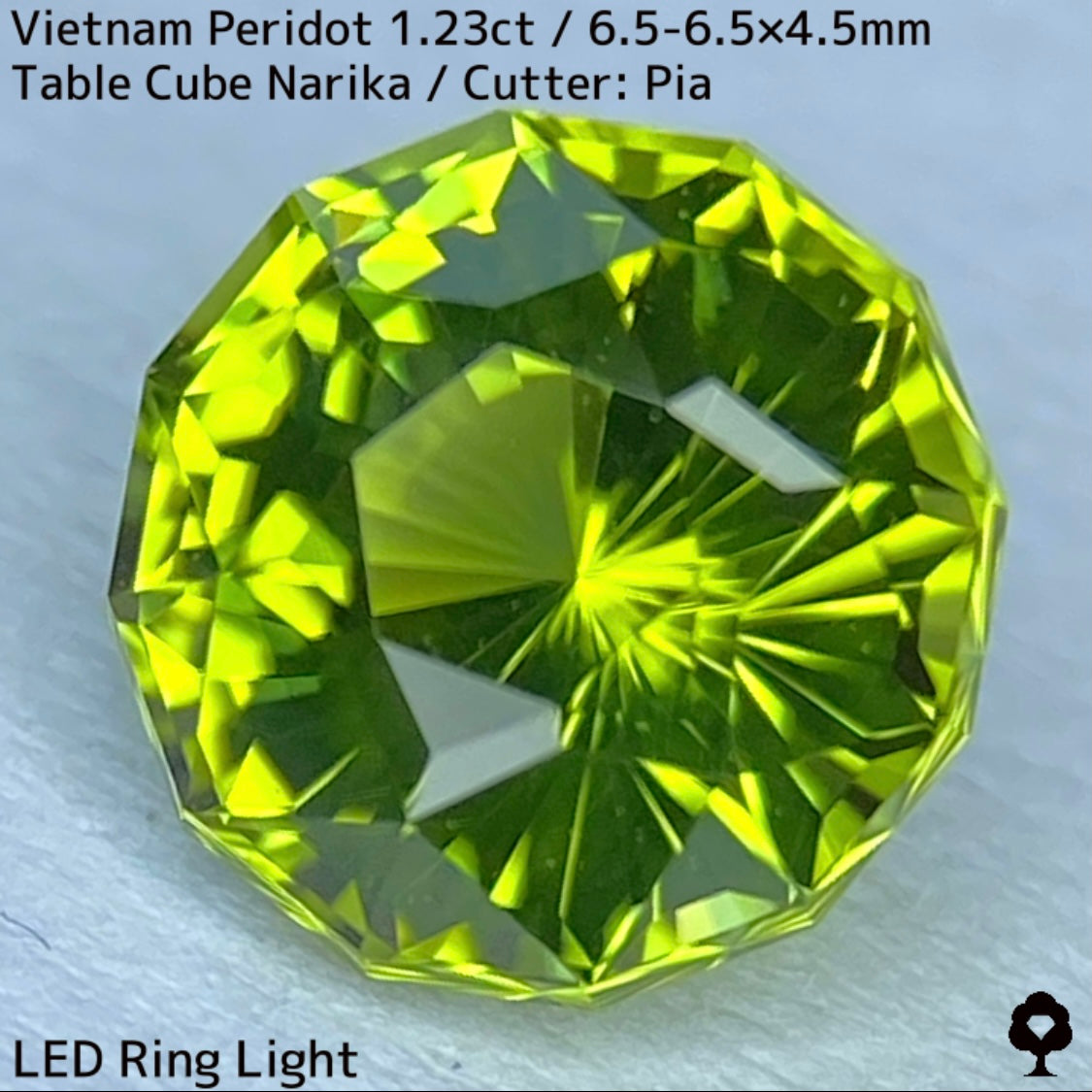 ベトナム産ペリドット1.23ct★煌めき抜群の美結晶をGTJの王道と言えるテーブルキューブナリカーに仕上げた一石