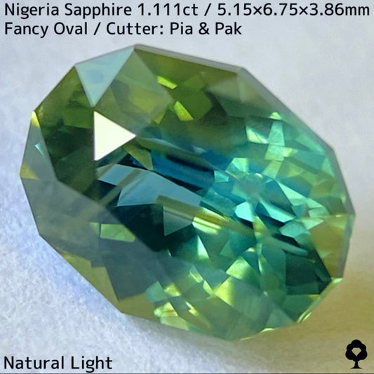ナイジェリア産サファイア1.111ct★ゴールドのラインが美しいたまらなく面白いシルキーブルーイッシュグリーン