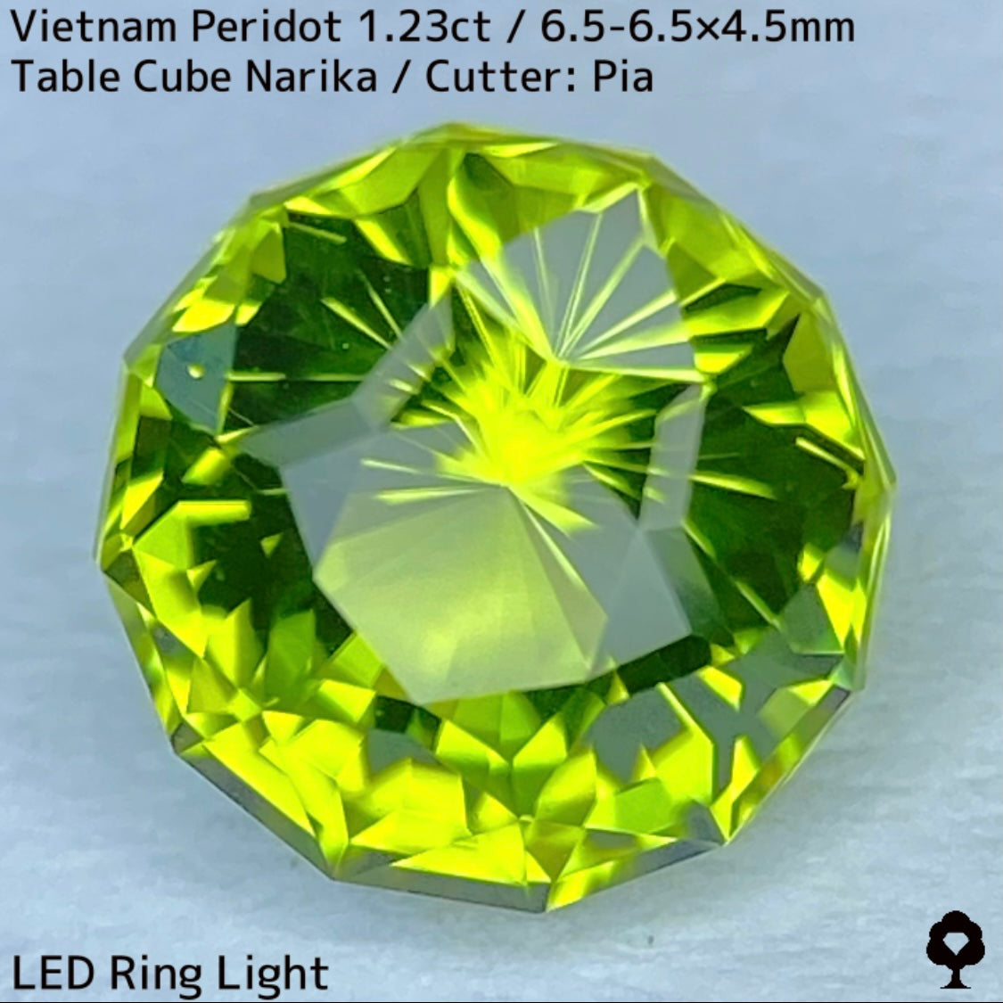 ベトナム産ペリドット1.23ct★煌めき抜群の美結晶をGTJの王道と言えるテーブルキューブナリカーに仕上げた一石