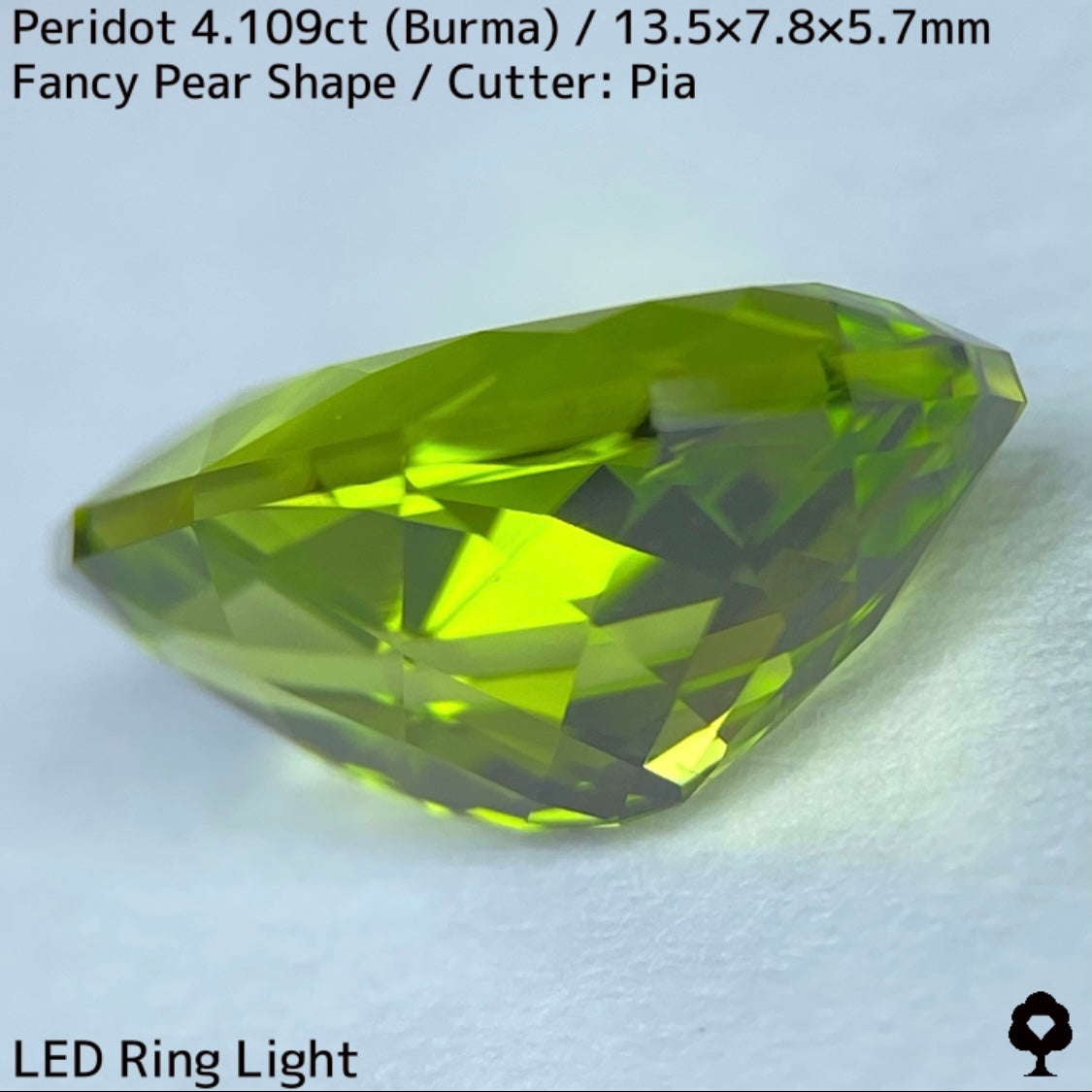 ビルマ産で4ctアップの希少な美結晶ファンシーペアシェイプ★ペリドット4.109ct