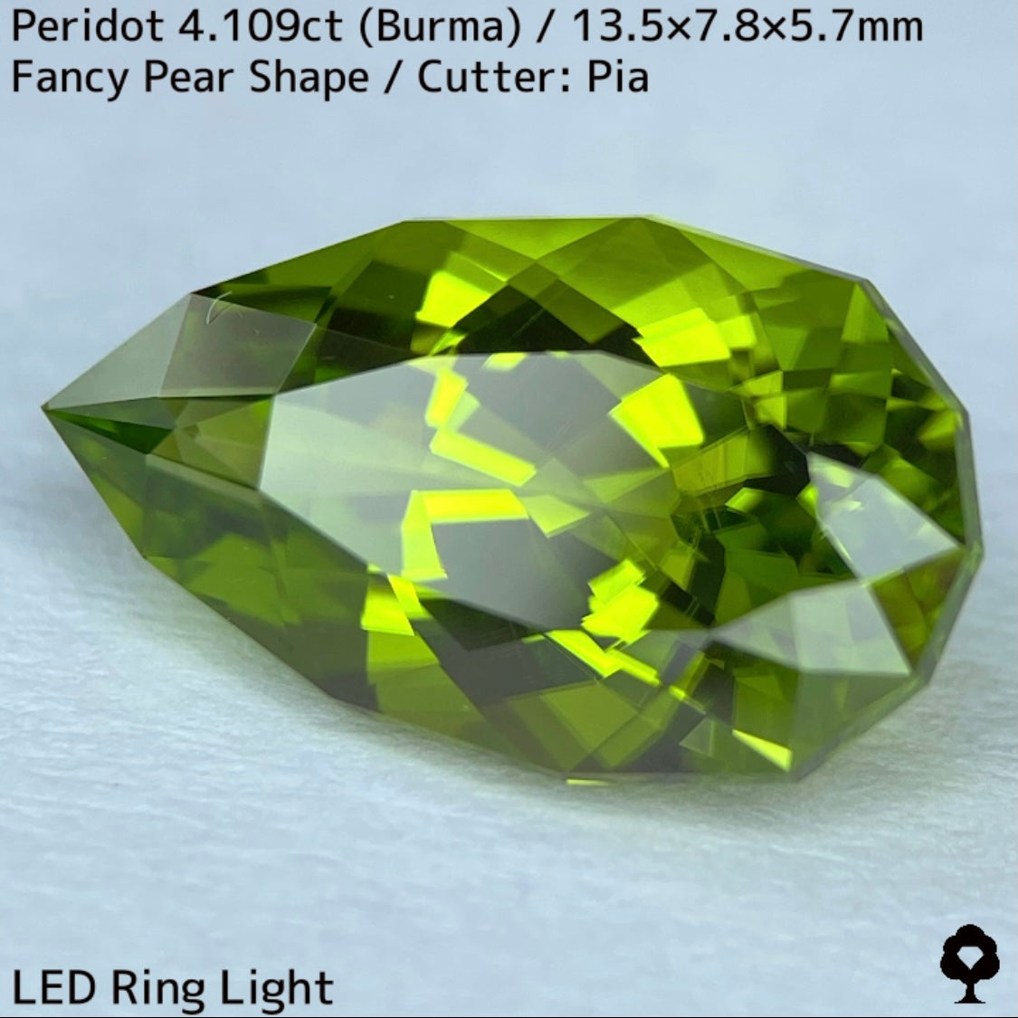 ビルマ産で4ctアップの希少な美結晶ファンシーペアシェイプ★ペリドット4.109ct