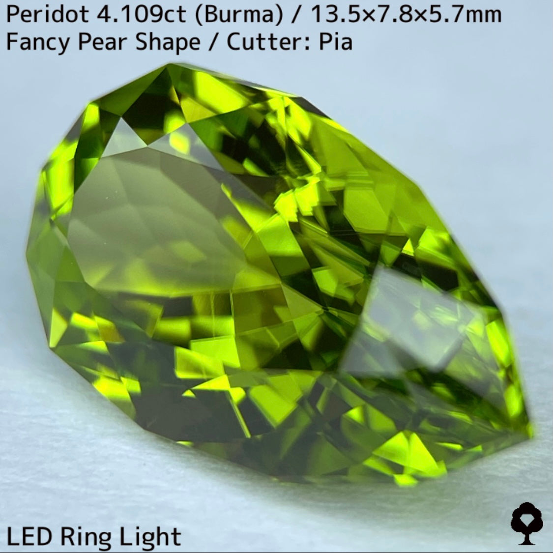 ビルマ産で4ctアップの希少な美結晶ファンシーペアシェイプ★ペリドット4.109ct