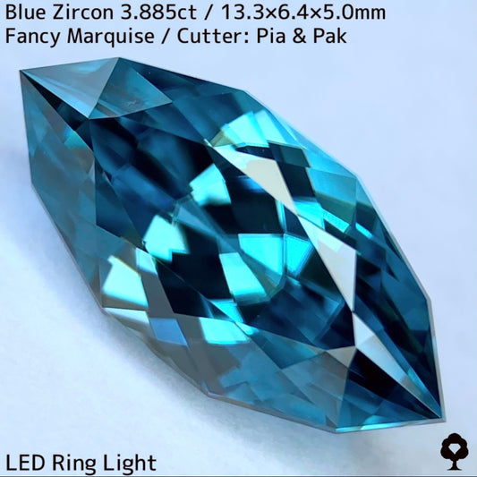 ブルージルコン3.885ct★ファイアー弾ける両端の色だまり美しいグリニッシュブルーの珍しいファンシーマーキス