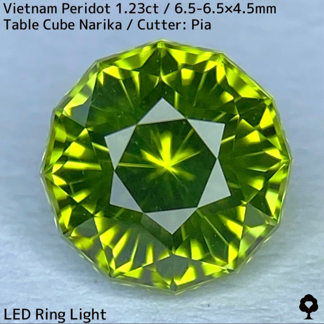 ベトナム産ペリドット1.23ct★煌めき抜群の美結晶をGTJの王道と言えるテーブルキューブナリカーに仕上げた一石