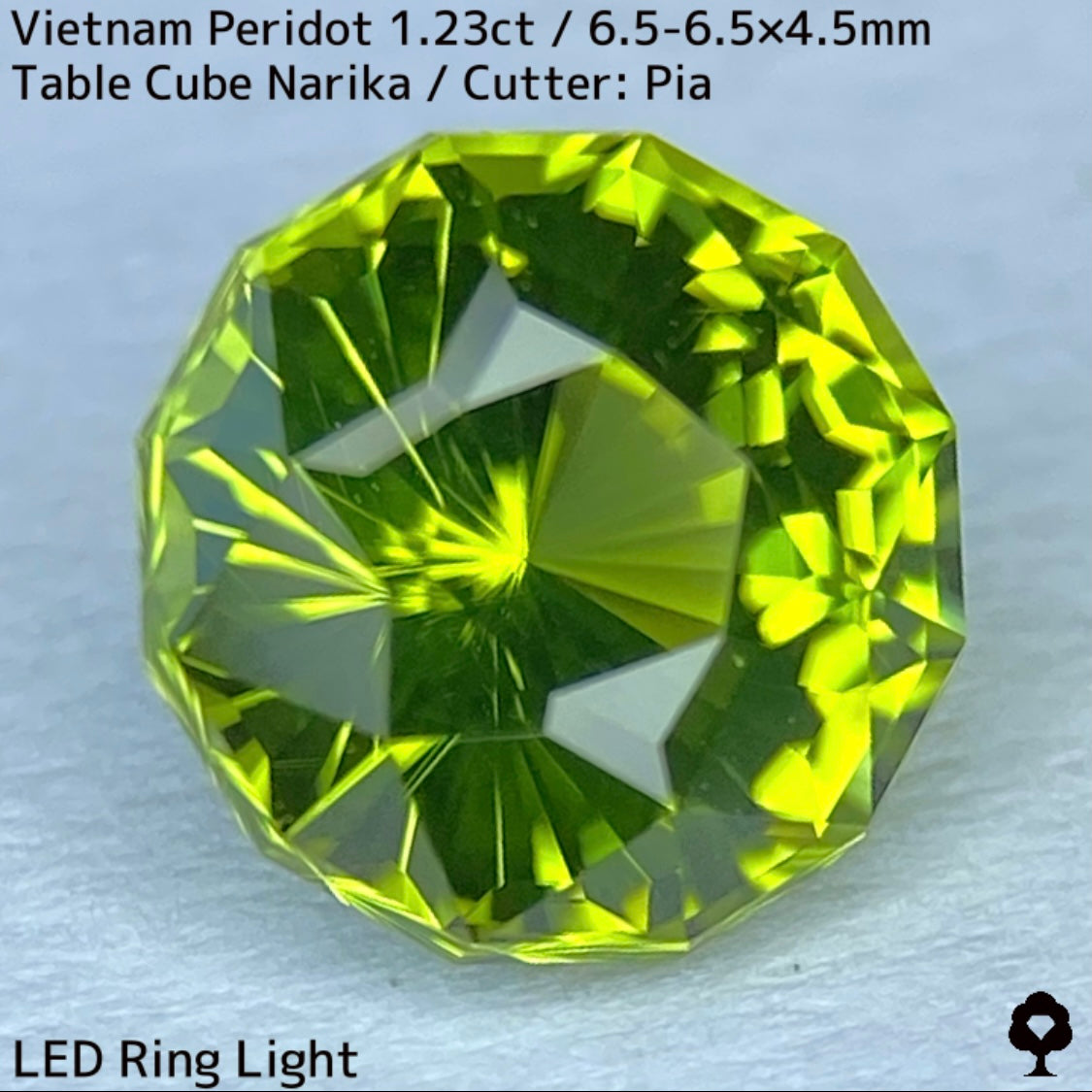ベトナム産ペリドット1.23ct★煌めき抜群の美結晶をGTJの王道と言えるテーブルキューブナリカーに仕上げた一石
