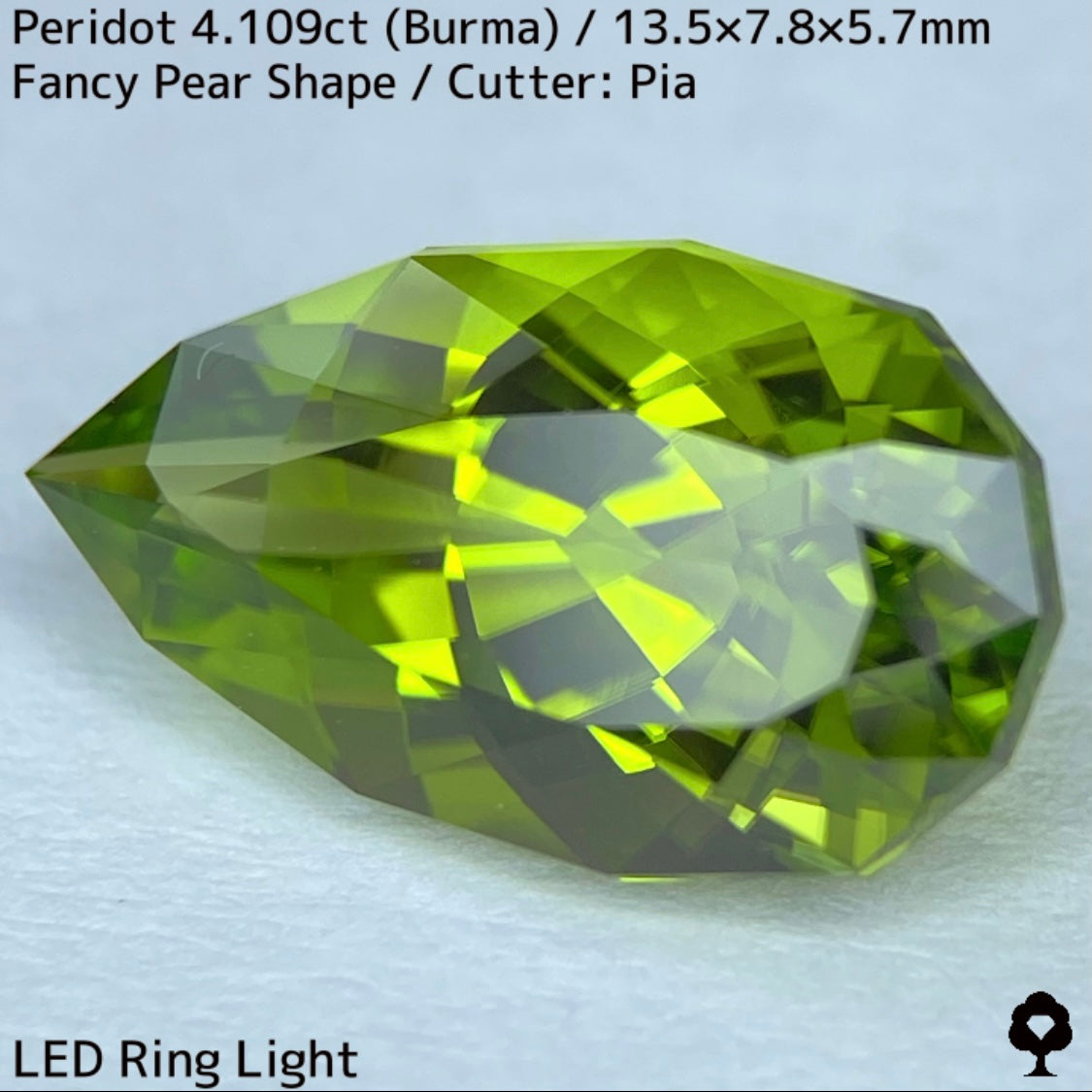 ビルマ産で4ctアップの希少な美結晶ファンシーペアシェイプ★ペリドット4.109ct