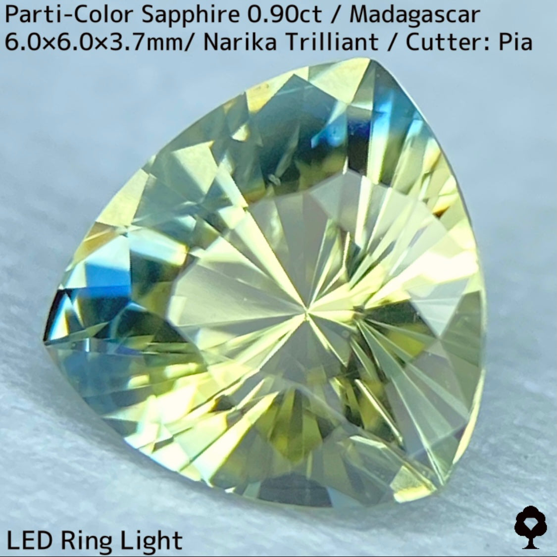 マダガスカル産パーティカラーサファイア0.90ct★ライトイエローとブルーとシルクの混ざり合いが可愛いナリカートリリアント
