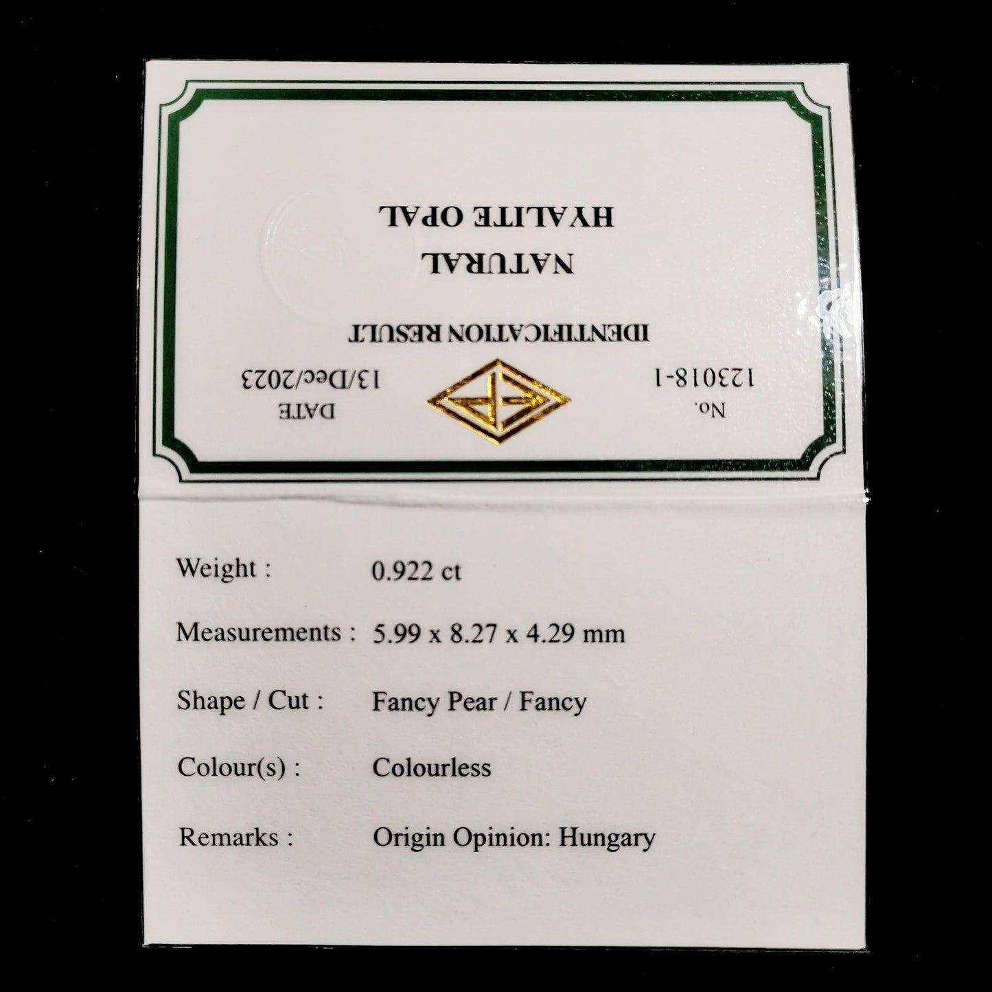 ハンガリー産ハイアライト 0.922ct★ふっくらとしたファンシーペアシェイプの強蛍光