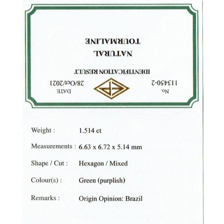【SOLD OUT】とんでもねぇ虹🌈&“おひねりカット”ヘキサゴン✨パープリッシュグリーントルマリン1.514ct💎ピアッちゃん作品