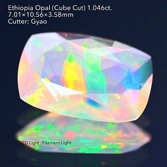 LEDライトでさらにカラフルに🎨🔦全面に遊色が踊る💃エチオピアオパール 1.046ct 変則キューブカット