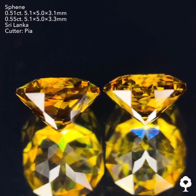 【お客様専用】美ゴールドからカラフルなファイアーを放つギラギラペア★スフェーン0.51ct/0.55ct ピアッちゃん作品★ハラキリプライス