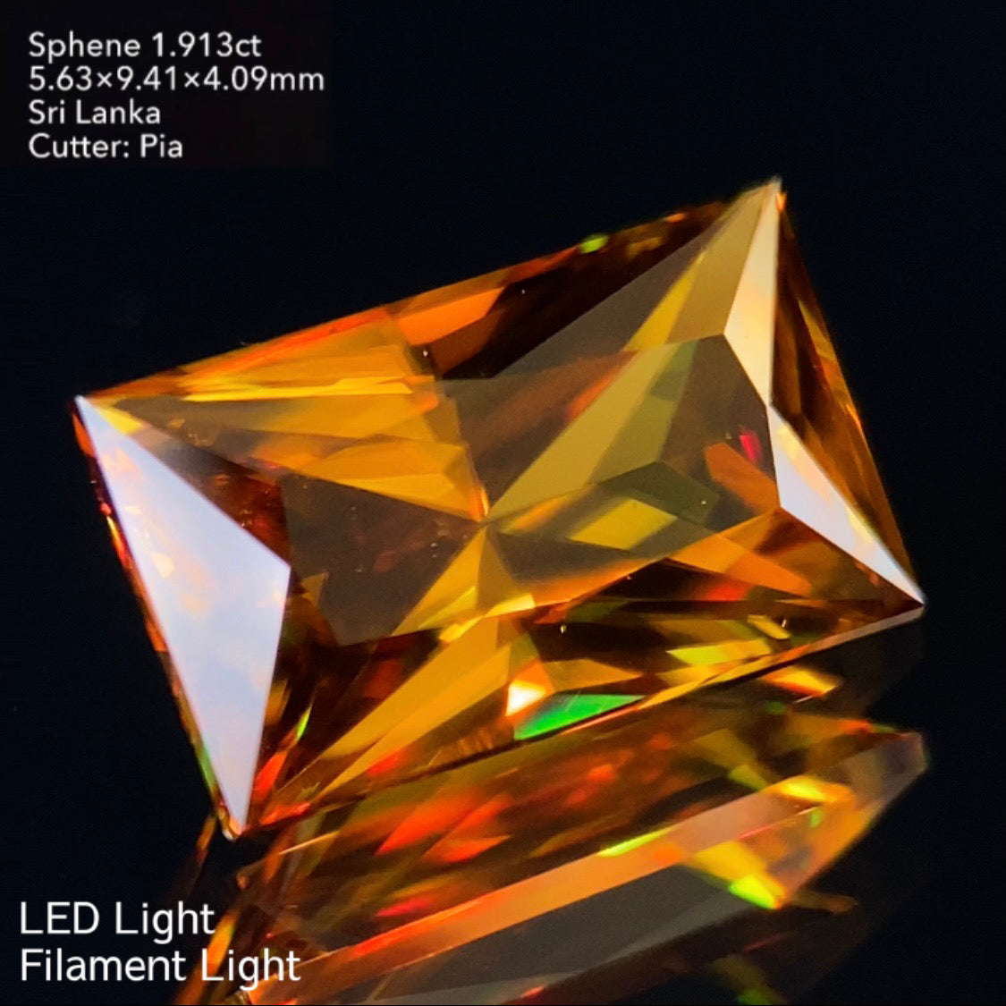 【ご落札者さま専用★1発入札オークション】鋭いカットの強い輝きに燃えるファイアーのバゲット★スフェーン1.913ct ピアッちゃん作品