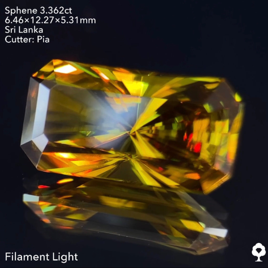 オリーブグリーンから鋭い煌めきを放つピアッちゃん渾身の窓あり放射線パビリオン★スフェーン3.362ct ピアッちゃん作品