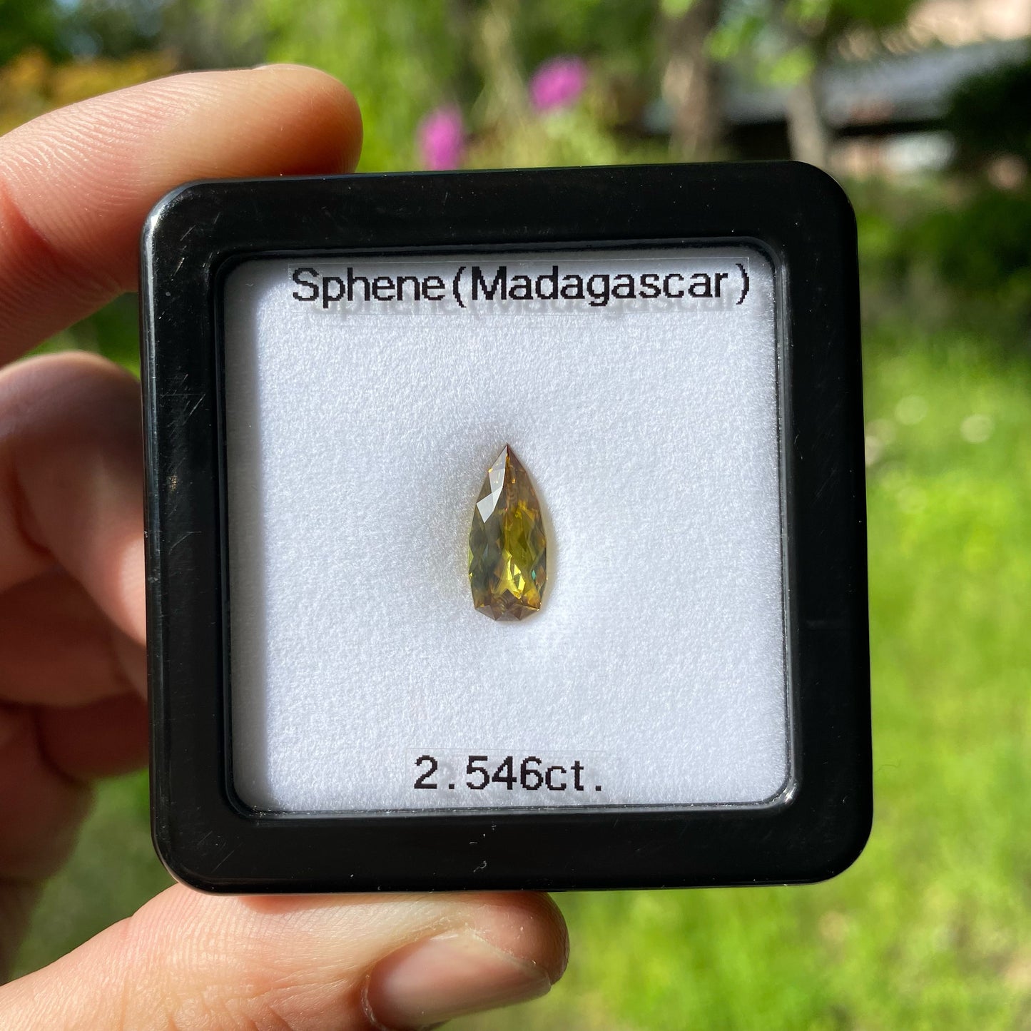 グリニッシュゴールドの美しい結晶のロングペアシェイプ★マダガスカルスフェーン2.546ct ピアッちゃん作品