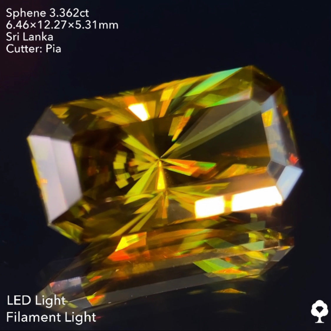 オリーブグリーンから鋭い煌めきを放つピアッちゃん渾身の窓あり放射線パビリオン★スフェーン3.362ct ピアッちゃん作品