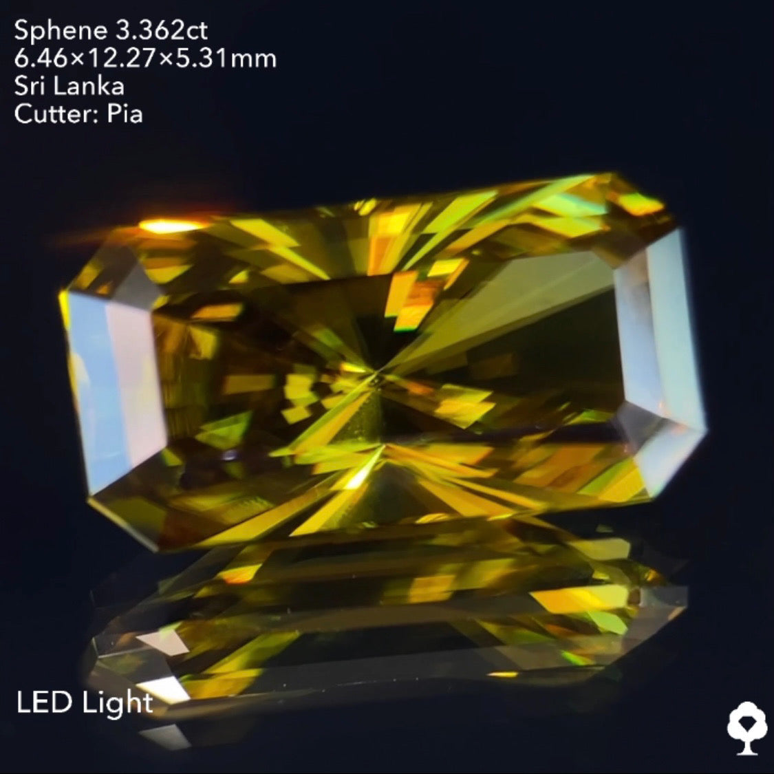 オリーブグリーンから鋭い煌めきを放つピアッちゃん渾身の窓あり放射線パビリオン★スフェーン3.362ct ピアッちゃん作品