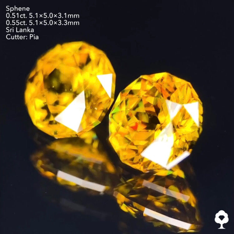 【お客様専用】美ゴールドからカラフルなファイアーを放つギラギラペア★スフェーン0.51ct/0.55ct ピアッちゃん作品★ハラキリプライス