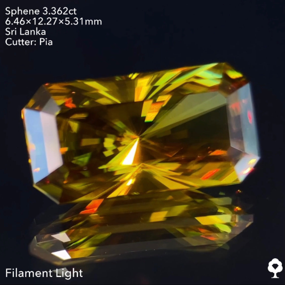 オリーブグリーンから鋭い煌めきを放つピアッちゃん渾身の窓あり放射線パビリオン★スフェーン3.362ct ピアッちゃん作品