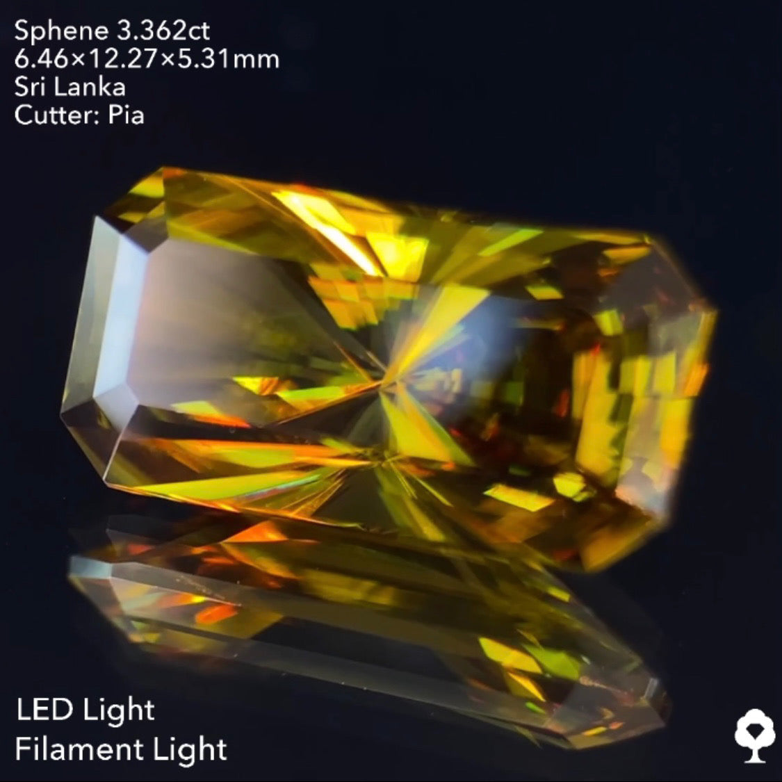 オリーブグリーンから鋭い煌めきを放つピアッちゃん渾身の窓あり放射線パビリオン★スフェーン3.362ct ピアッちゃん作品