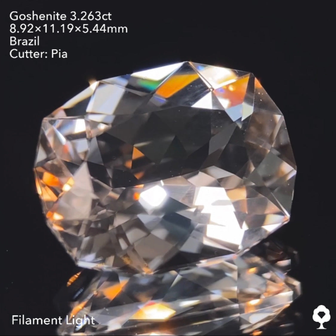 純白で輝き抜群のファンシークッション★ゴッシェナイト3.263ct ピアッちゃん作品