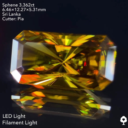 オリーブグリーンから鋭い煌めきを放つピアッちゃん渾身の窓あり放射線パビリオン★スフェーン3.362ct ピアッちゃん作品