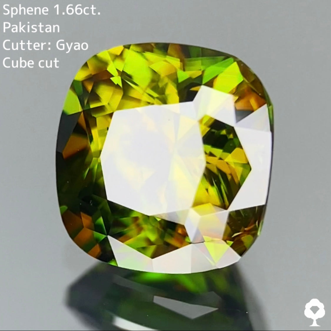美しいグリーンの地色にゴールドが混ざり合う縁取りキューブクッション★スフェーン 1.66ct【Cube cut】