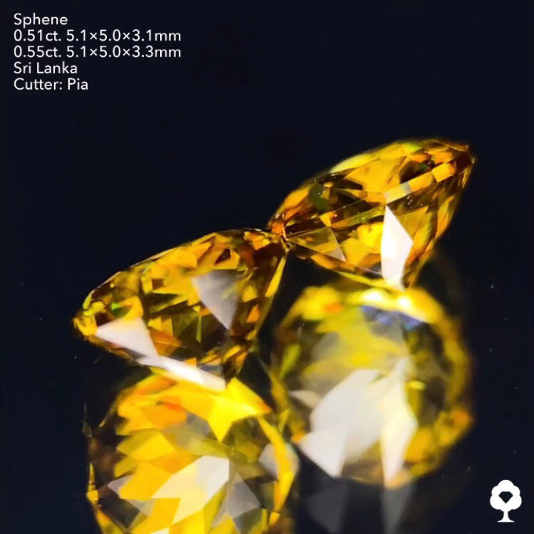 【お客様専用】美ゴールドからカラフルなファイアーを放つギラギラペア★スフェーン0.51ct/0.55ct ピアッちゃん作品★ハラキリプライス