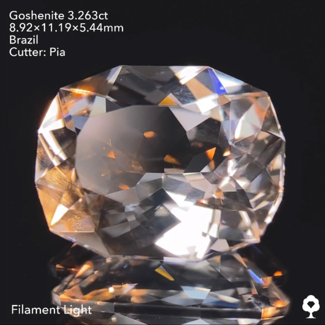 純白で輝き抜群のファンシークッション★ゴッシェナイト3.263ct ピアッちゃん作品