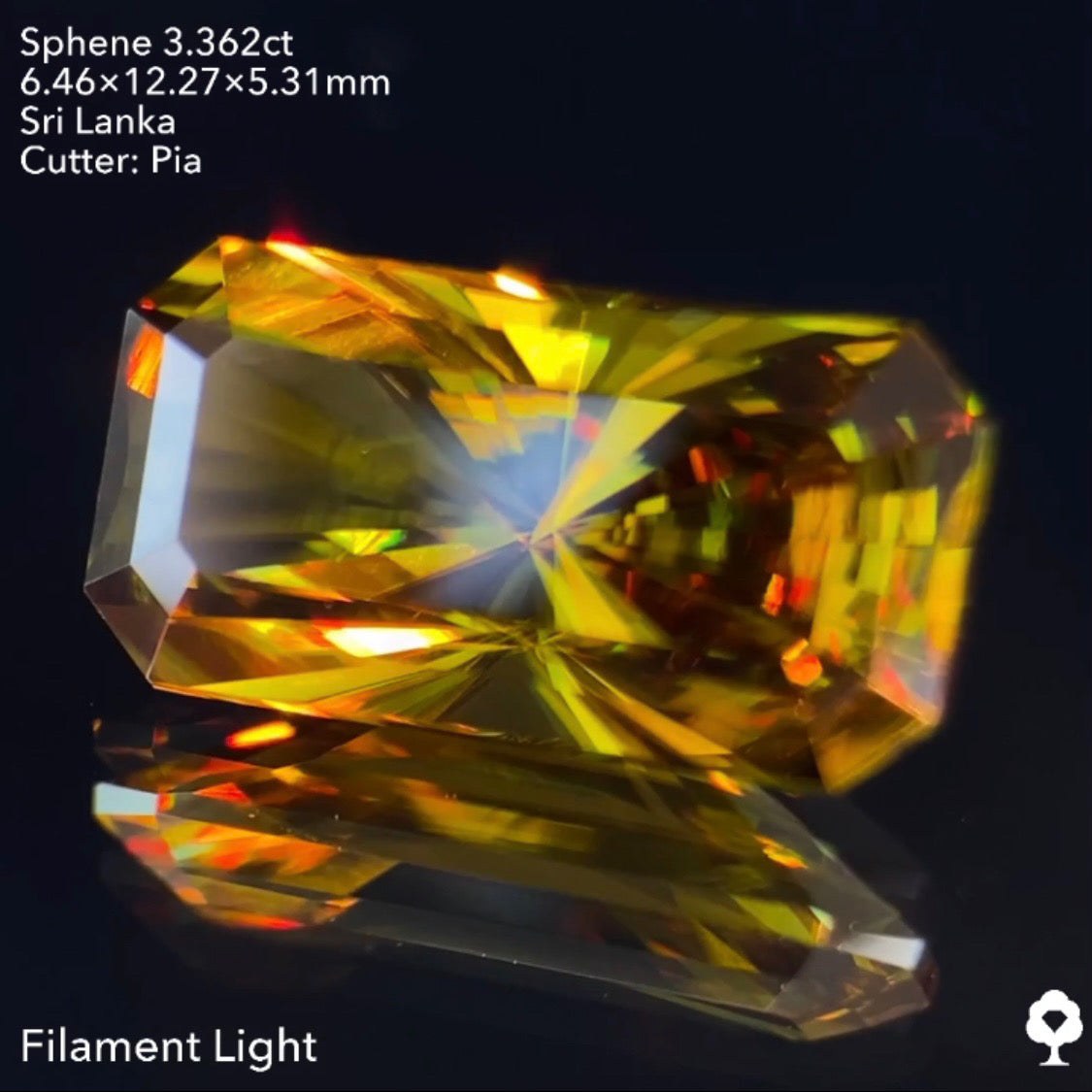 オリーブグリーンから鋭い煌めきを放つピアッちゃん渾身の窓あり放射線パビリオン★スフェーン3.362ct ピアッちゃん作品