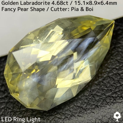 ゴールデンラブラドライト4.68ct★白い炎が浮かぶ幻想的なファンシーペアシェイプ★同じロットの原石付き