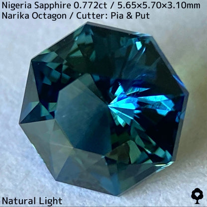 ナイジェリア産サファイア0.772ct★鮮やかな色なりの良いグリーンとブルー混ざり合うナリカーカット