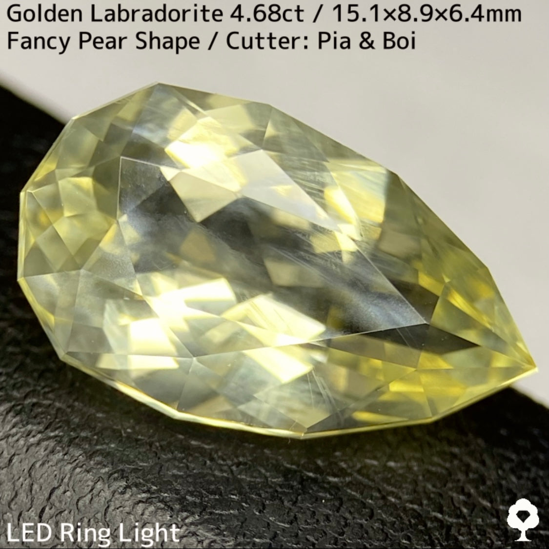 ゴールデンラブラドライト4.68ct★白い炎が浮かぶ幻想的なファンシーペアシェイプ★同じロットの原石付き