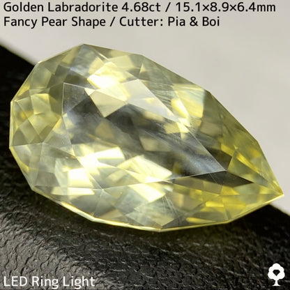 ゴールデンラブラドライト4.68ct★白い炎が浮かぶ幻想的なファンシーペアシェイプ★同じロットの原石付き