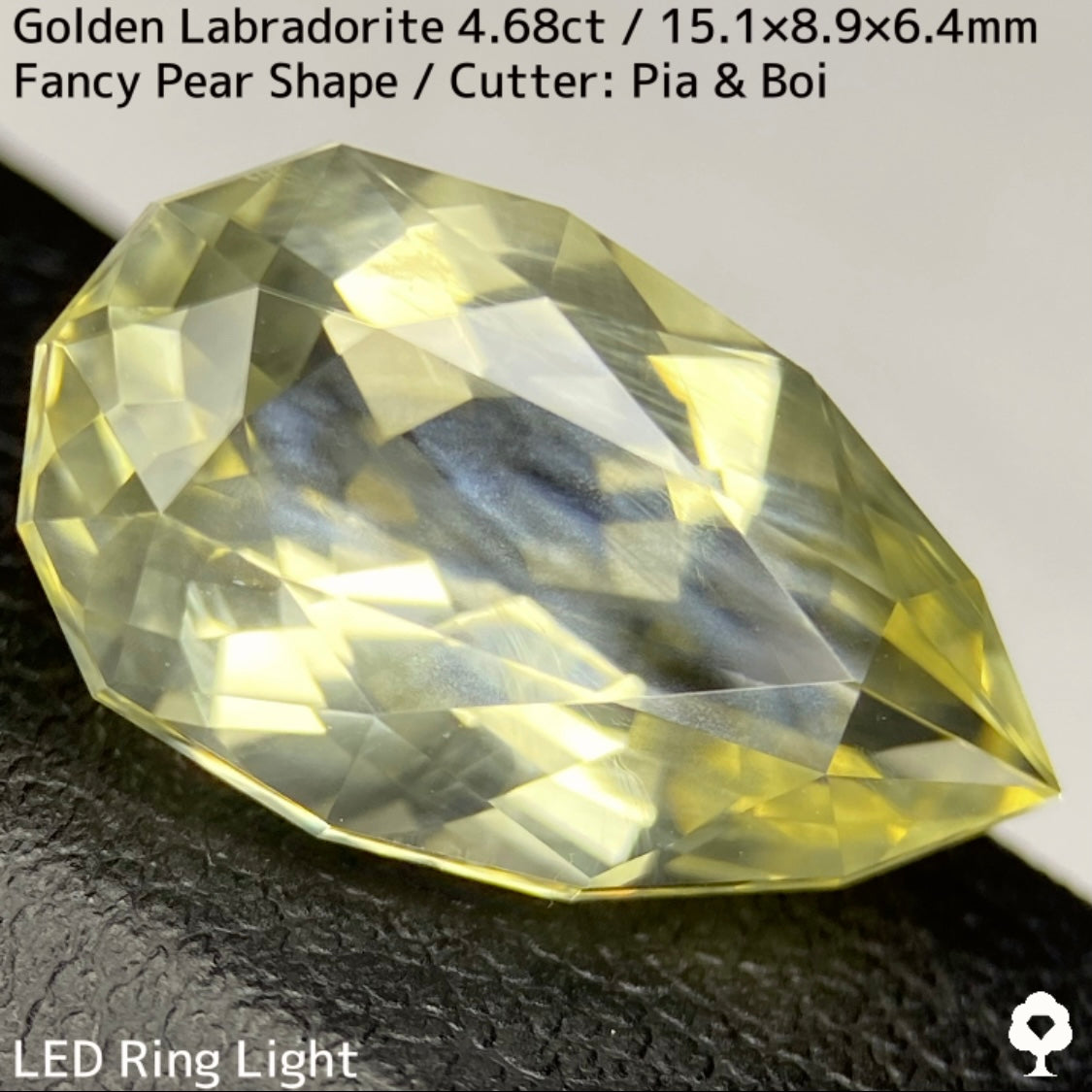 ゴールデンラブラドライト4.68ct★白い炎が浮かぶ幻想的なファンシーペアシェイプ★同じロットの原石付き