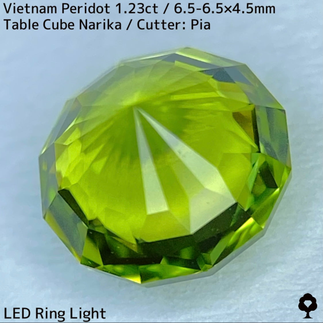 ベトナム産ペリドット1.23ct★煌めき抜群の美結晶をGTJの王道と言えるテーブルキューブナリカーに仕上げた一石