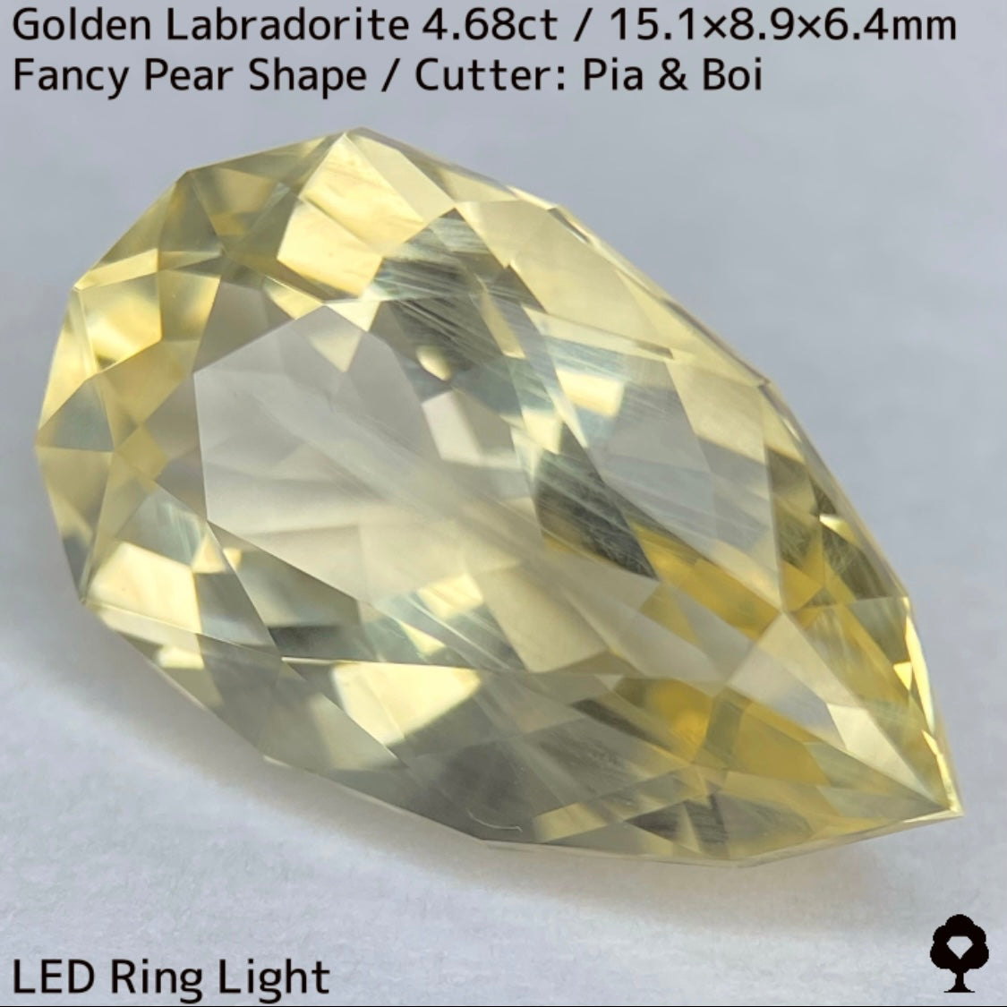 ゴールデンラブラドライト4.68ct★白い炎が浮かぶ幻想的なファンシーペアシェイプ★同じロットの原石付き