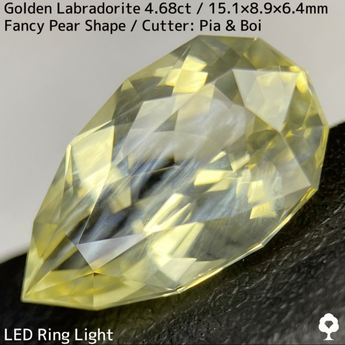 ゴールデンラブラドライト4.68ct★白い炎が浮かぶ幻想的なファンシーペアシェイプ★同じロットの原石付き