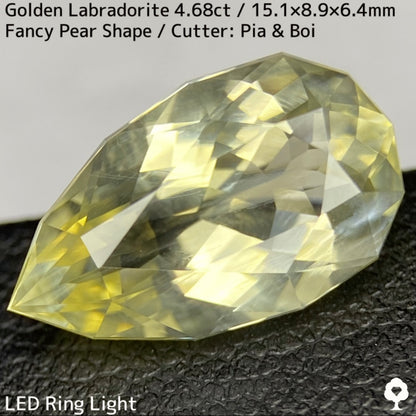 ゴールデンラブラドライト4.68ct★白い炎が浮かぶ幻想的なファンシーペアシェイプ★同じロットの原石付き