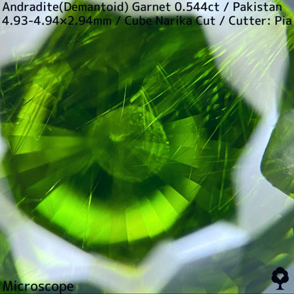 パキスタン産アンドラダイト(デマントイド)ガーネット0.544ct★ナリカーカットに渦巻くホーステールがたまらない美色グリーン