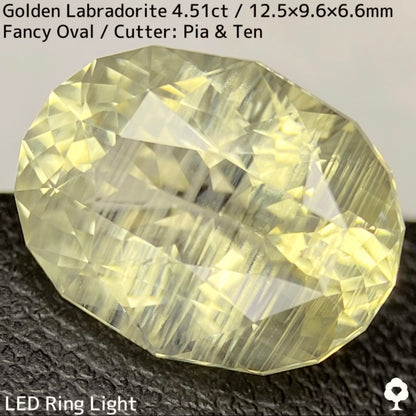 ゴールデンラブラドライト4.51ct★原石からつくりあげた虎のような千切りシラーが走る高貴なシャンパンゴールド★同じロットの原石付き