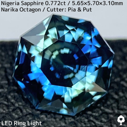 ナイジェリア産サファイア0.772ct★鮮やかな色なりの良いグリーンとブルー混ざり合うナリカーカット